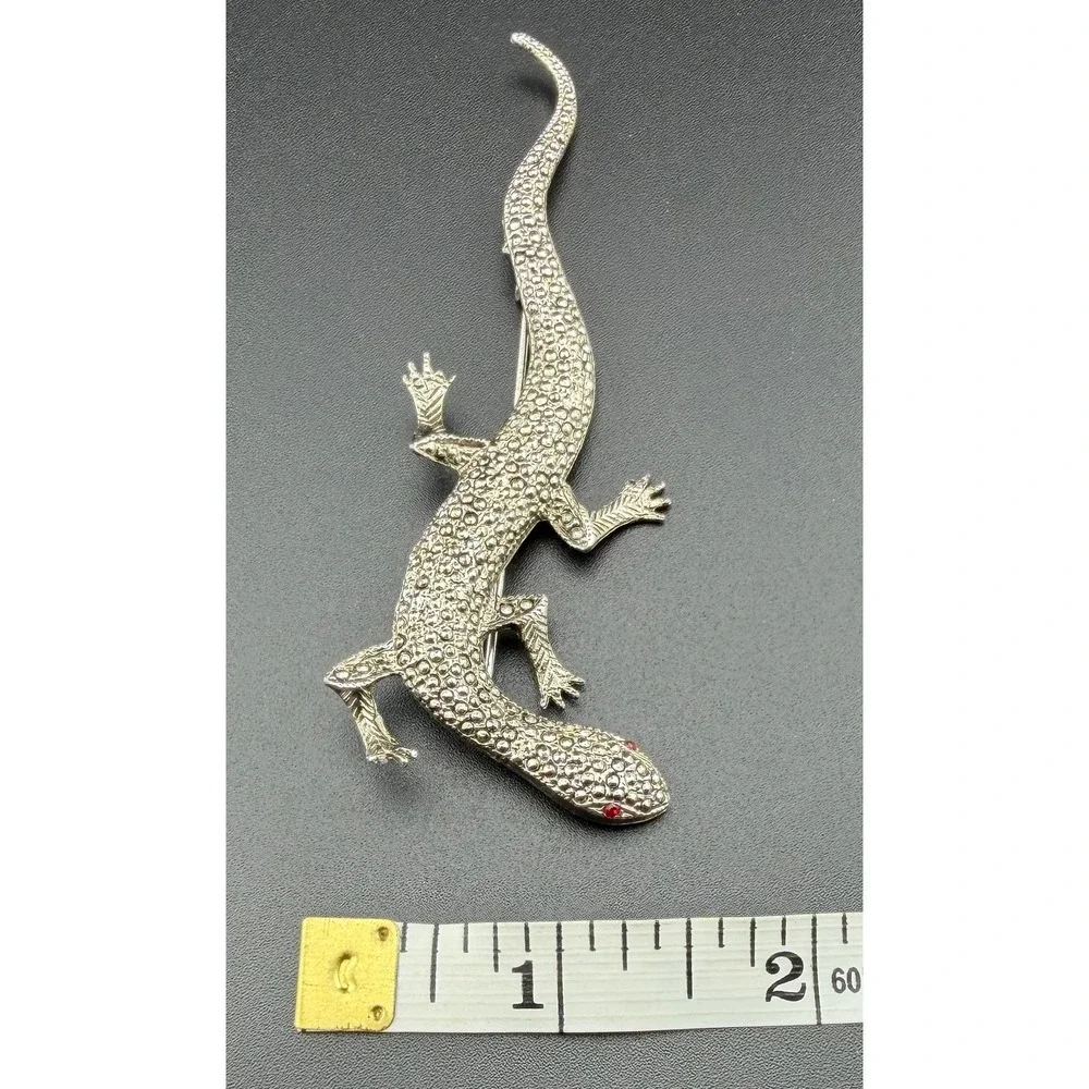 Lizard Gecko Brooch Silver‎ Tone Marcasite Style Red Eyes Reptile Vintage READ